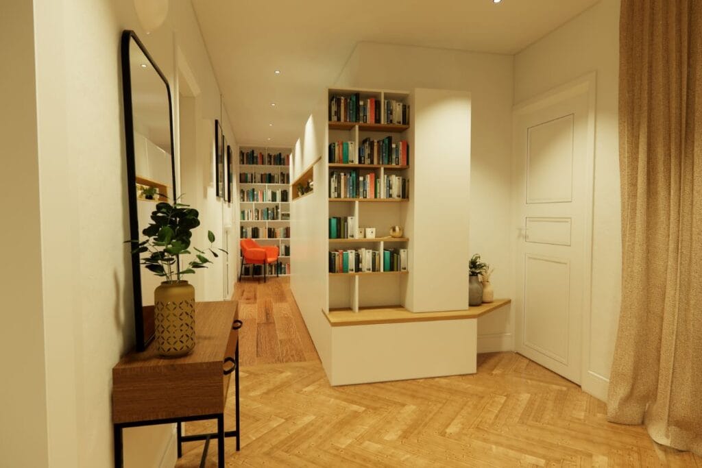 Meuble sur mesure blanc et bois avec assise dans l'entrée